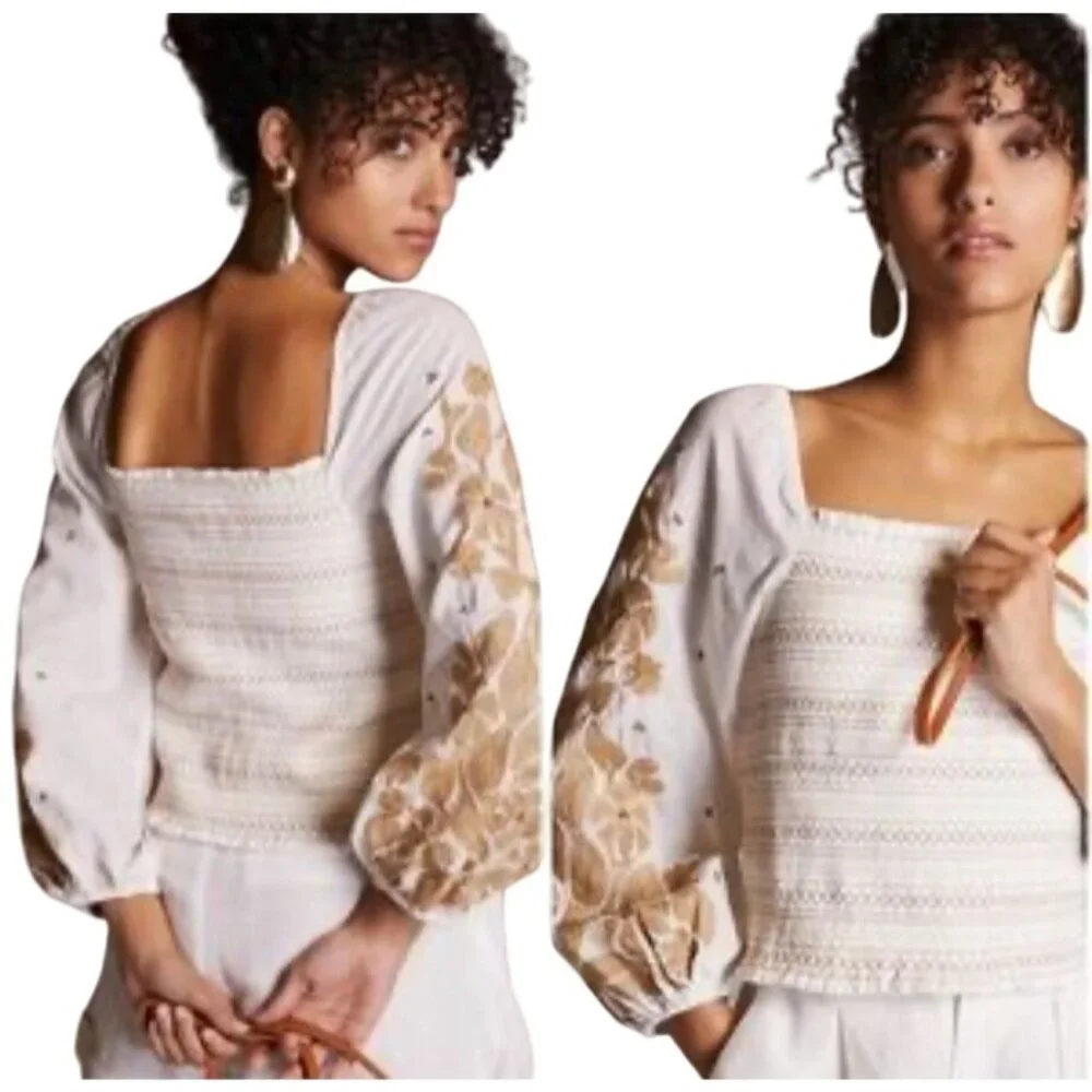 Embroidered Square-Neck White Top with Tan Floral Sleeves